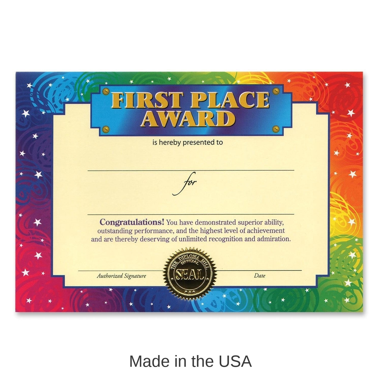 6 Pack Bulk First Place Award Certificate
