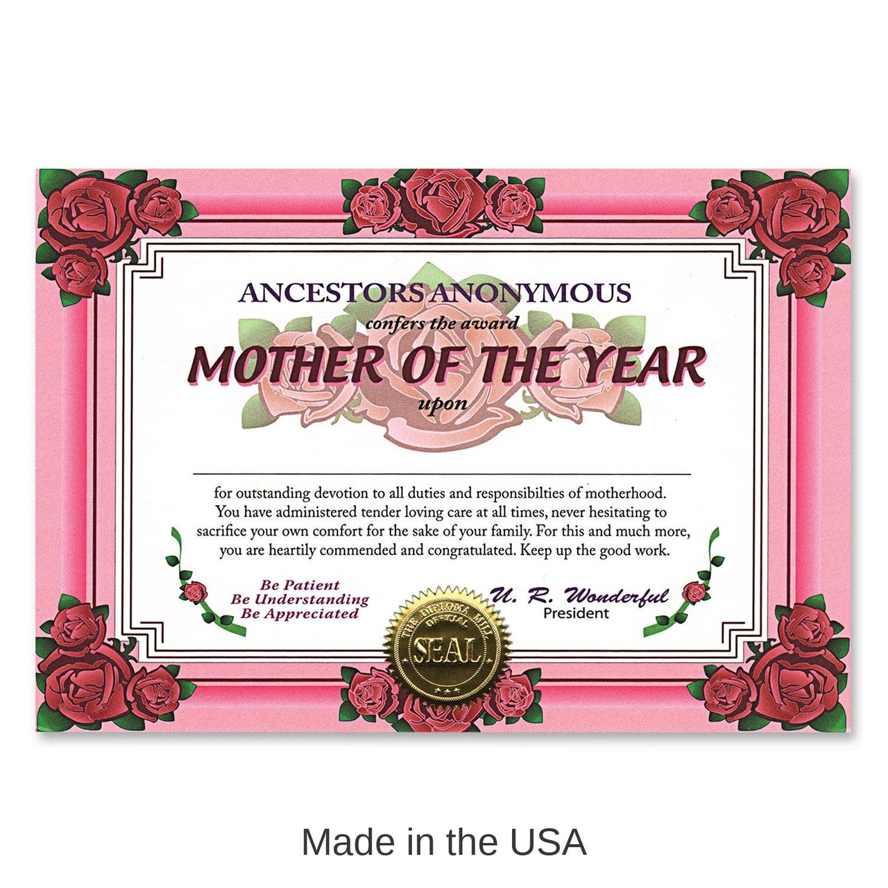 6 Pack Bulk Mother Of The Year Mother's Day Certificate