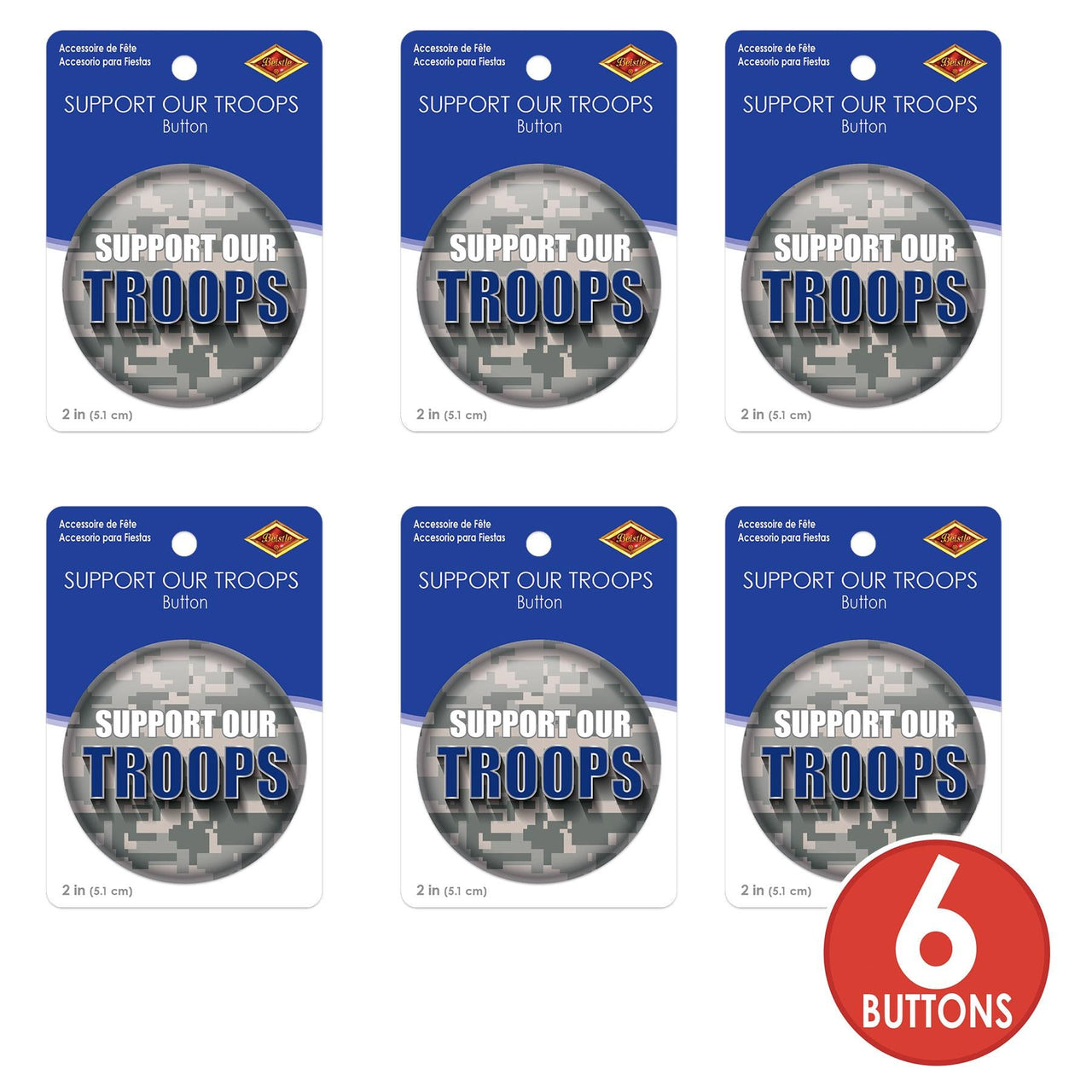 Beistle Support Our Troops Button (Case of 6)