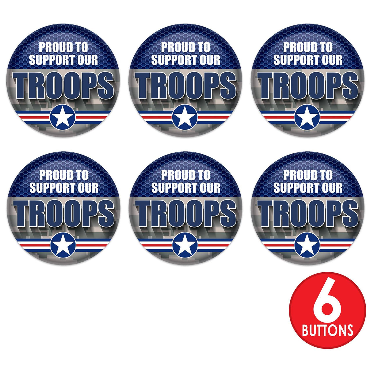 Beistle Proud To Support Our Troops Button (Case of 6)