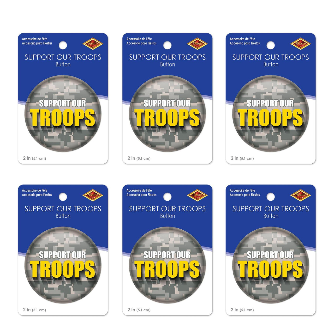 Beistle Support Our Troops Button (Case of 6)
