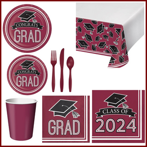 Burgundy Graduation Party Kit for 16 (182 Items)