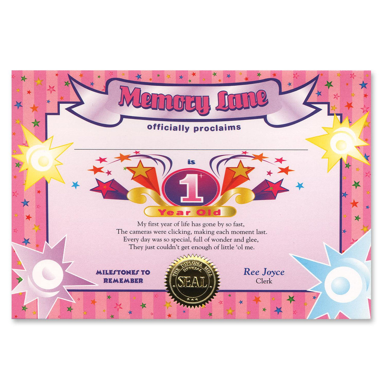 1 Year Old (Girl) Certificate - Bulk 6 Pack