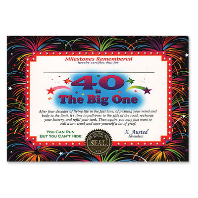 40 Is The Big One Certificate - Bulk 6 Pack