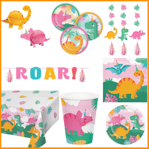 Girl Dino Birthday Party Kit for 8 (47 Total Items)