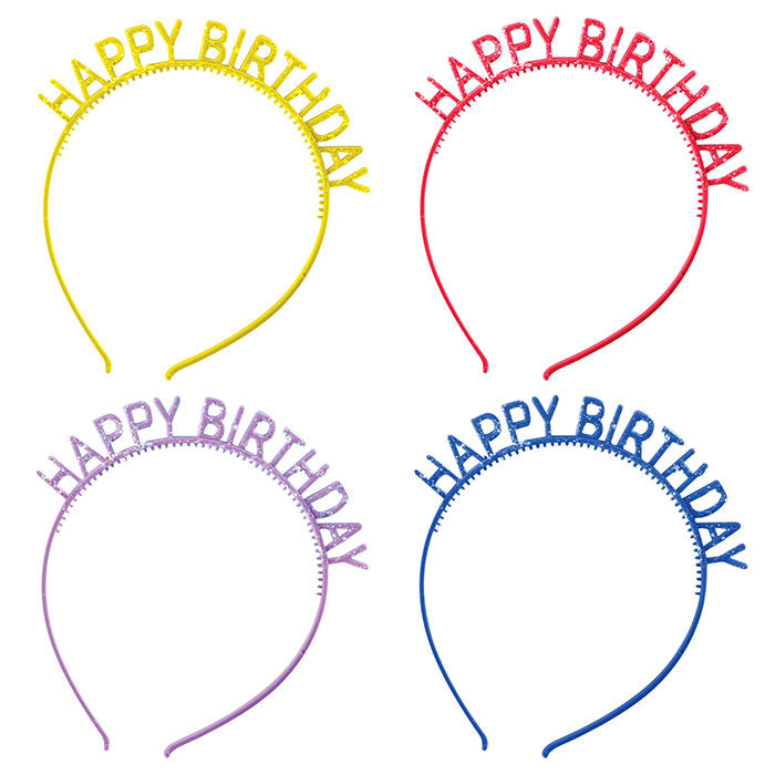 48 pc Bulk Assorted Colors Happy Birthday Headbands with Glitter