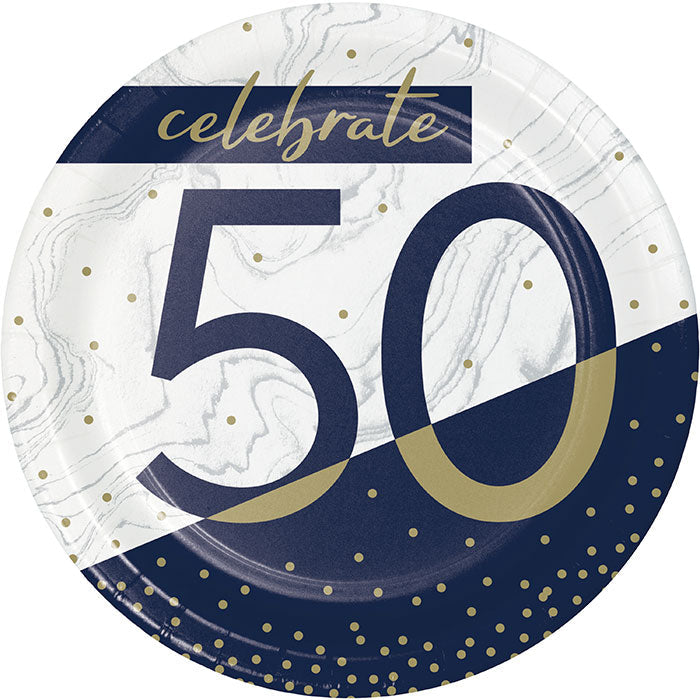 96 pc Bulk Navy and Gold 50th Birthday Dessert Plates