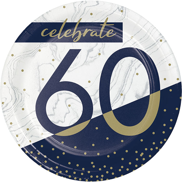 96 pc Bulk Navy and Gold 60th Birthday Dessert Plates