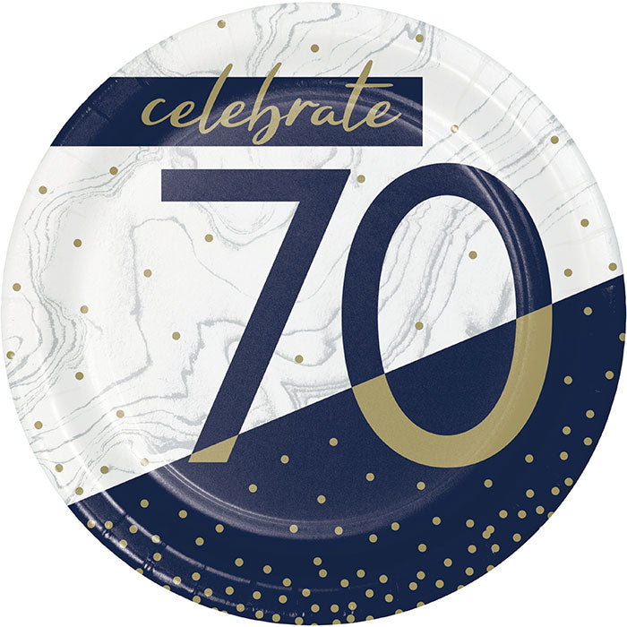 96 pc Bulk Navy and Gold 70th Birthday Dessert Plates
