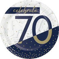 96 pc Bulk Navy and Gold 70th Birthday Dessert Plates