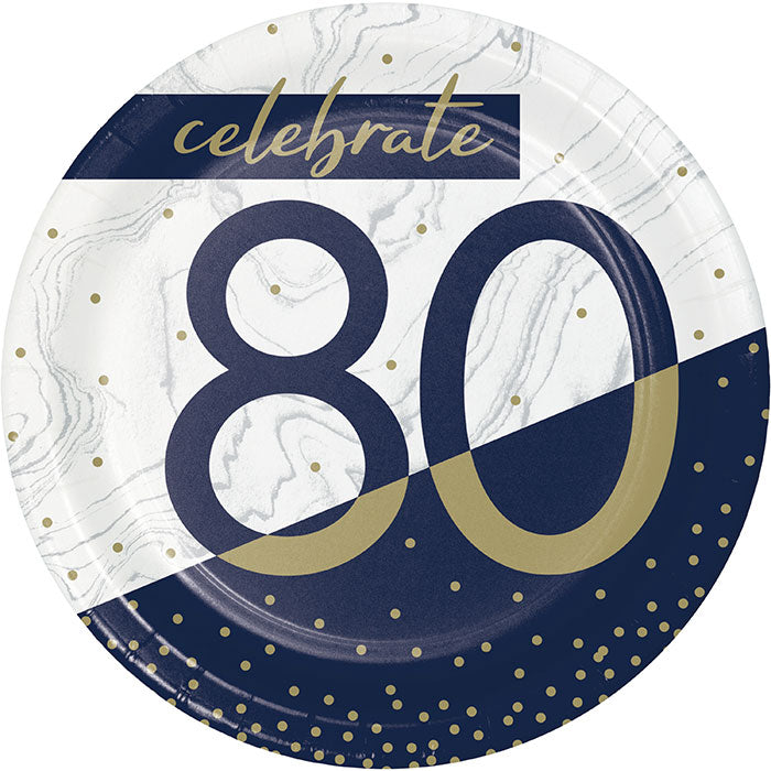 96 pc Bulk Navy and Gold 80th Birthday Dessert Plates