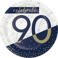 96 pc Bulk Navy and Gold 90th Birthday Dessert Plates
