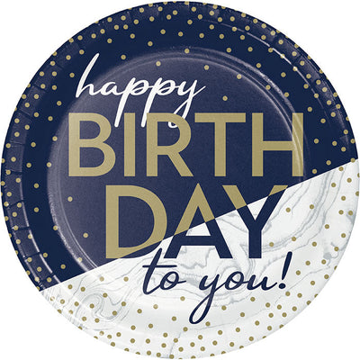 96 pc Bulk Navy and Gold Birthday Dessert Plates