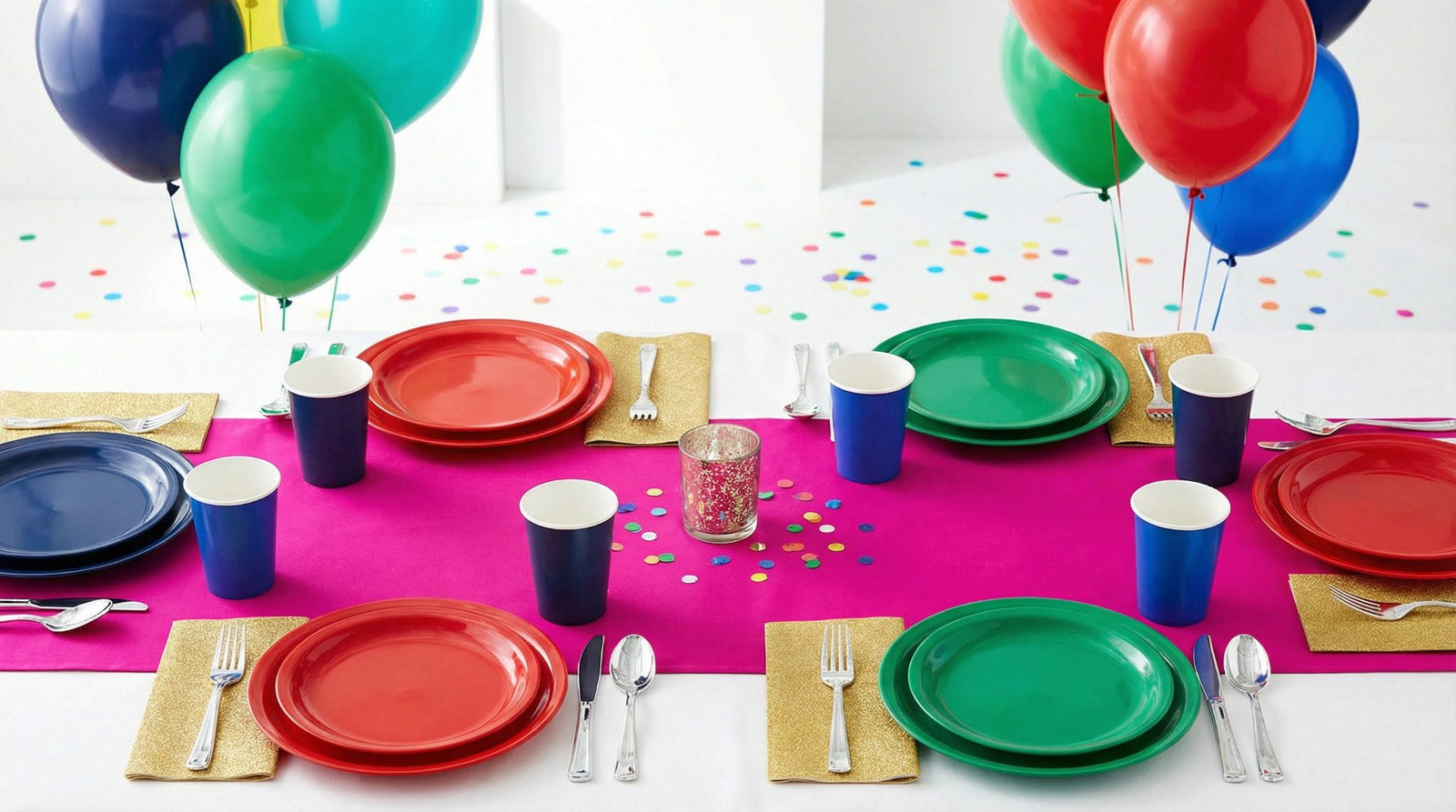 Colorful party table setting with red, green, and blue plates, blue cups, gold placemats, silver cutlery, and matching balloon clusters on a white tablecloth with confetti.