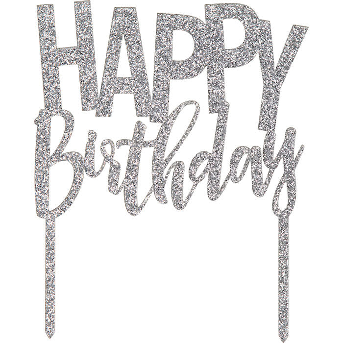 12 pc Bulk Silver Happy Birthday Cake Toppers