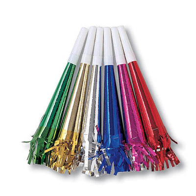 96 pc Bulk Assorted Foil Party Horns with Fringe