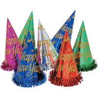 Colorful 'Happy New Year' party hats on a white background