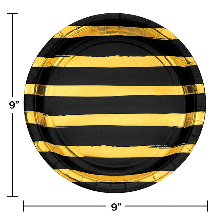 96ct Bulk Black and Gold Foil Striped Dinner Plates