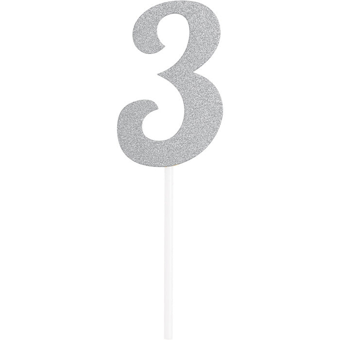 12 pc Bulk Number 3 Silver Glitter Cake Toppers