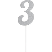 12 pc Bulk Number 3 Silver Glitter Cake Toppers
