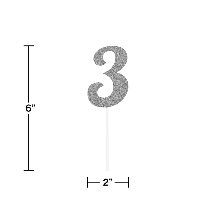 12ct Bulk Number 3 Silver Glitter Cake Toppers