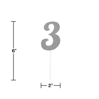 12ct Bulk Number 3 Silver Glitter Cake Toppers