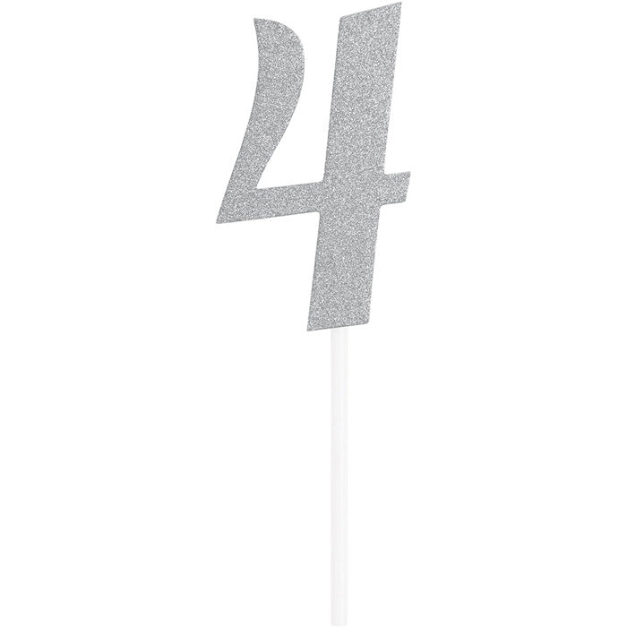 12 pc Bulk Number 4 Silver Glitter Cake Toppers