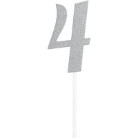 12 pc Bulk Number 4 Silver Glitter Cake Toppers
