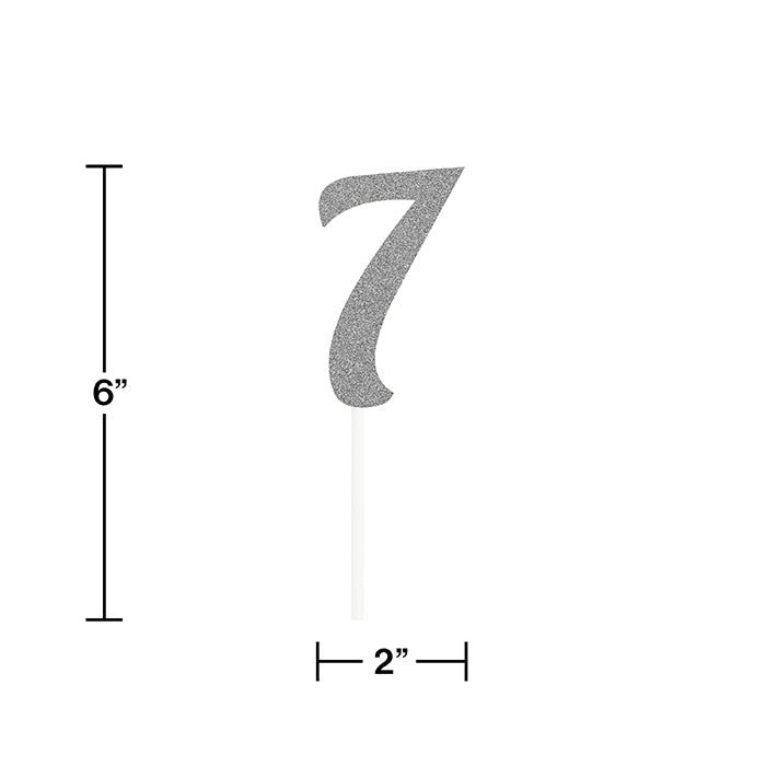 12ct Bulk Number 7 Silver Glitter Cake Toppers