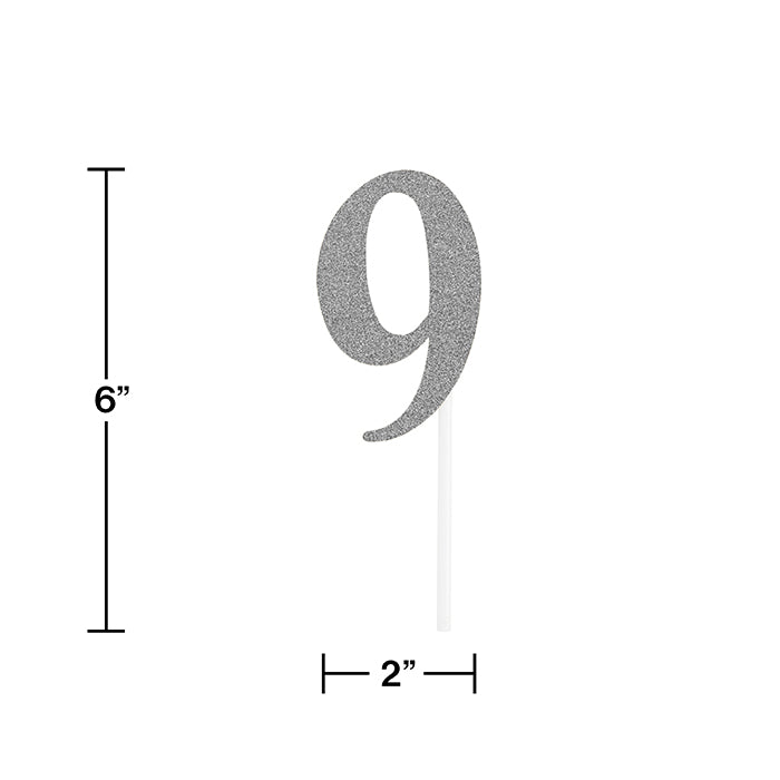 12ct Bulk Number 9 Silver Glitter Cake Toppers