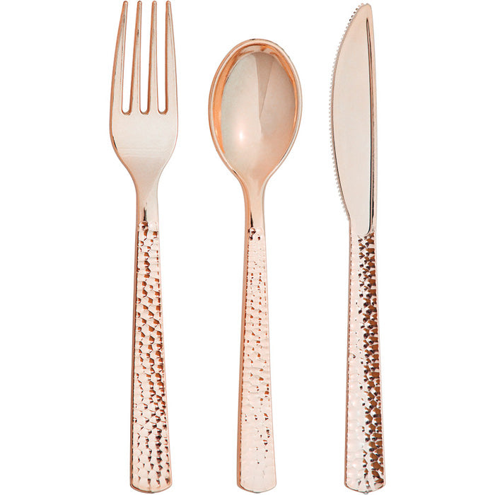 288 pc Bulk Rose Gold Metallic Hammered Assorted Cutlery