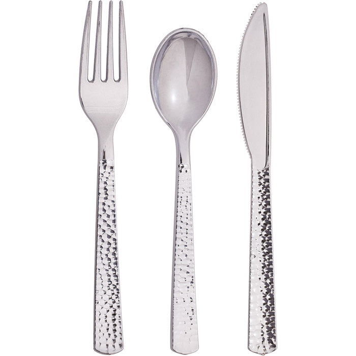 288 pc Bulk Silver Metallic Hammered Assorted Cutlery