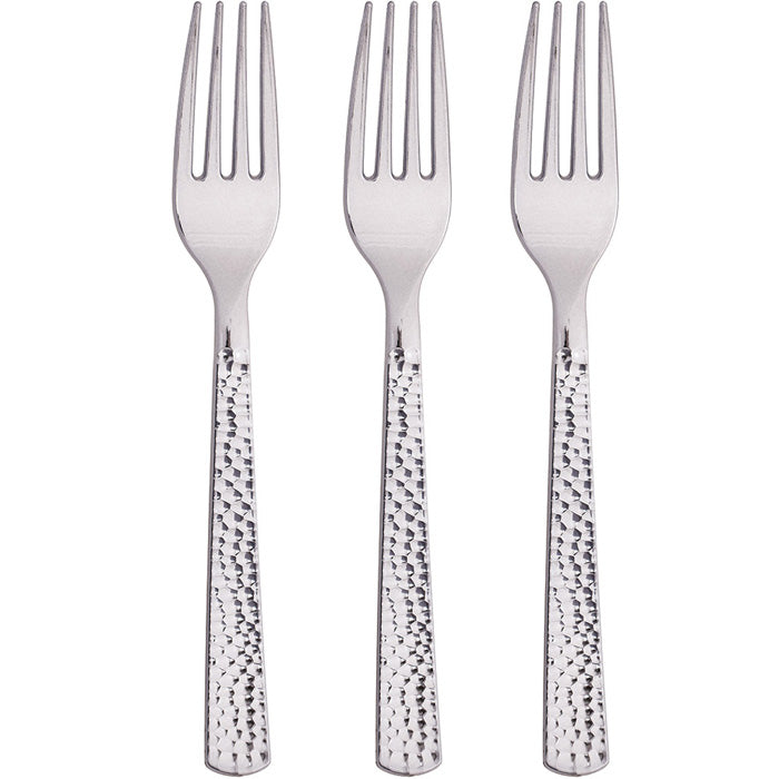 288 pc Bulk Silver Metallic Hammered Plastic Forks