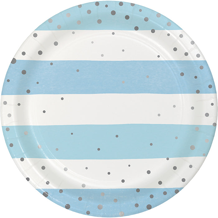 96 pc Bulk Blue and Silver Celebration Dessert Plates