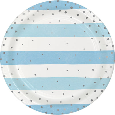 96 pc Bulk Blue and Silver Celebration Dinner Plates
