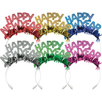 Colorful 'Happy New Year' tiaras on a white background