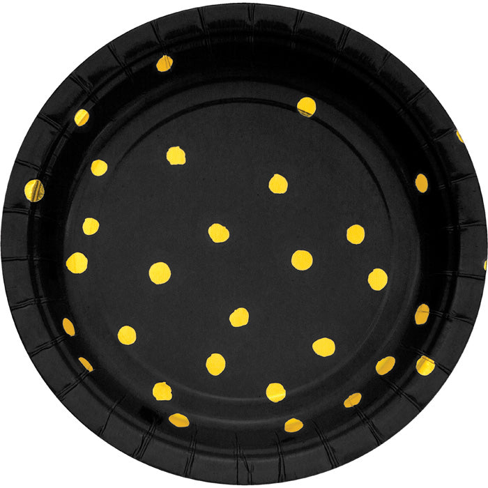 96 pc Bulk Black and Gold Foil Dot Dessert Plates