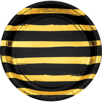 96 pc Bulk Black and Gold Foil Striped 8.75 inch Dinner Plates