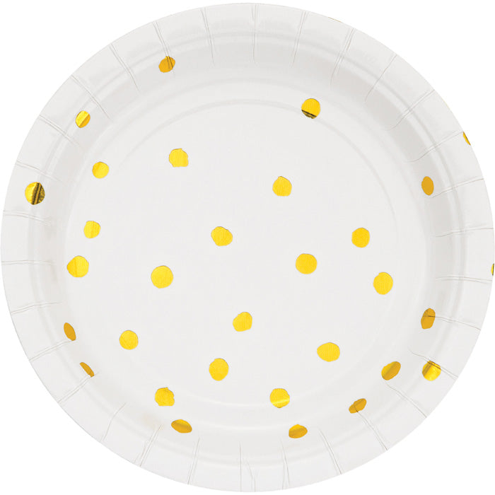 96 pc Bulk White and Gold Foil Dot Dessert Plates