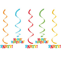 Colorful 'Happy Birthday Party!' hanging decorations on a white background