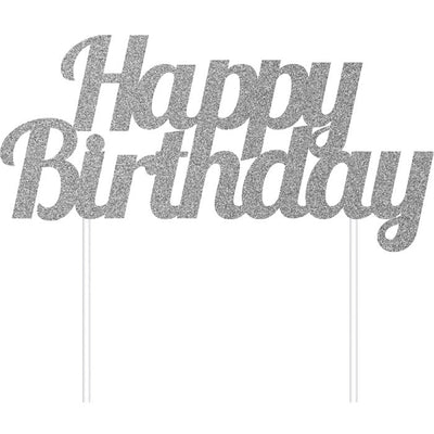 12 pc Bulk Silver Glitter Happy Birthday Cake Toppers