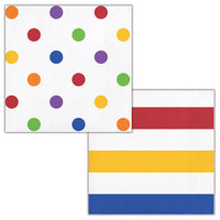 192 pc Bulk Multicolor Polka Dots and Stripes Paper Beverage Napkins