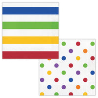 192 pc Bulk Multicolor Polka Dots and Stripes Paper Luncheon Napkins