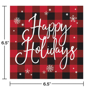 Buffalo Plaid Happy Holidays Luncheon Party Napkins 16 ct - Christmas Party Supplies