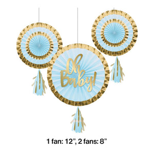 Paper Fans With Tassels, 12" & 8", Blue (3/Pkg) by Creative Converting