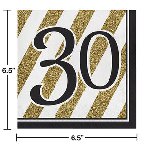 Black And Gold 30th Birthday Napkins, 16 ct Party Decoration