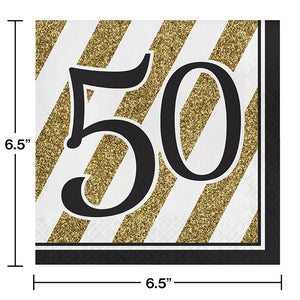 Black And Gold 50th Birthday Napkins, 16 ct Party Decoration