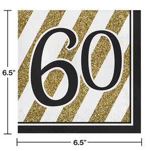 Black And Gold 60th Birthday Napkins, 16 ct Party Decoration