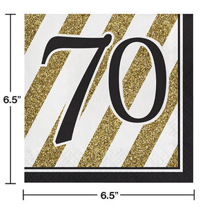 Black And Gold 70th Birthday Napkins, 16 ct Party Decoration