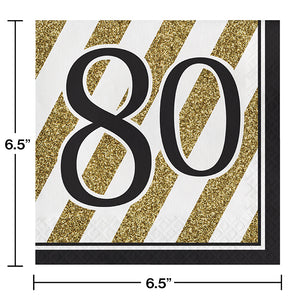 Black And Gold 80th Birthday Napkins, 16 ct Party Decoration